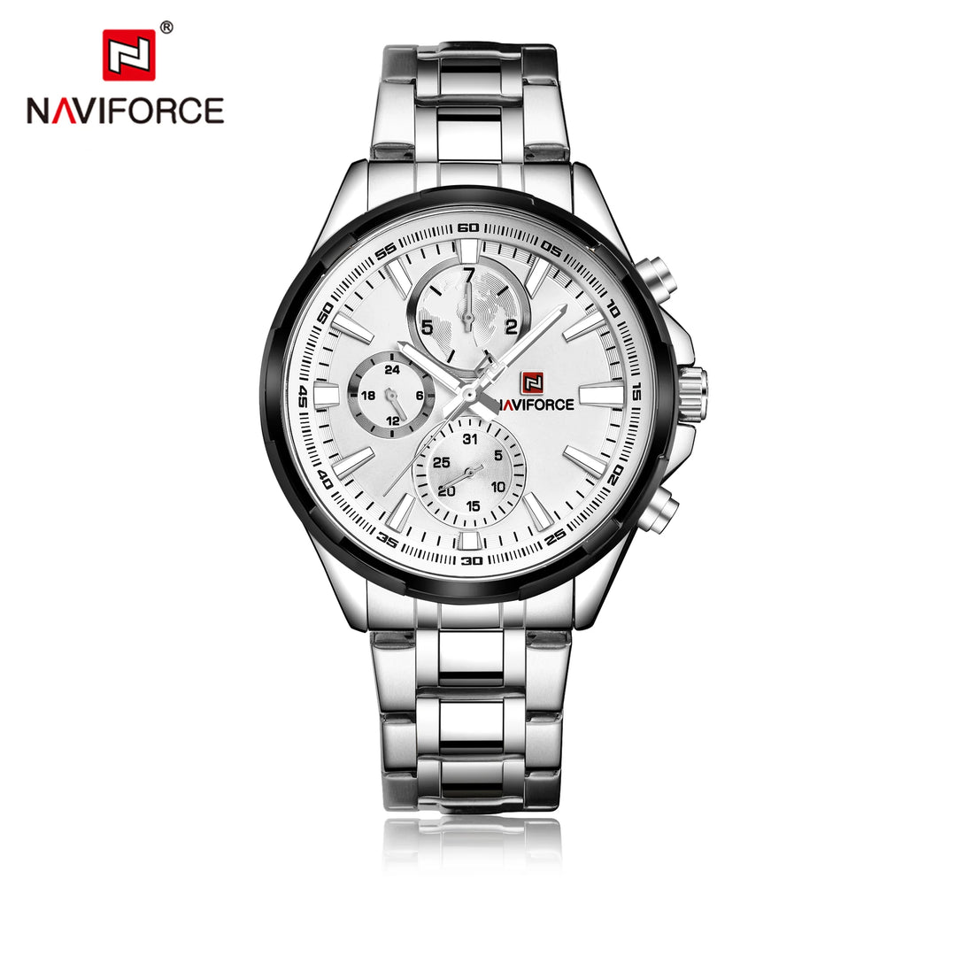 NAVIFORCE NF9089S Silver White Chronograph Stainless Steel Wristwatch For Men