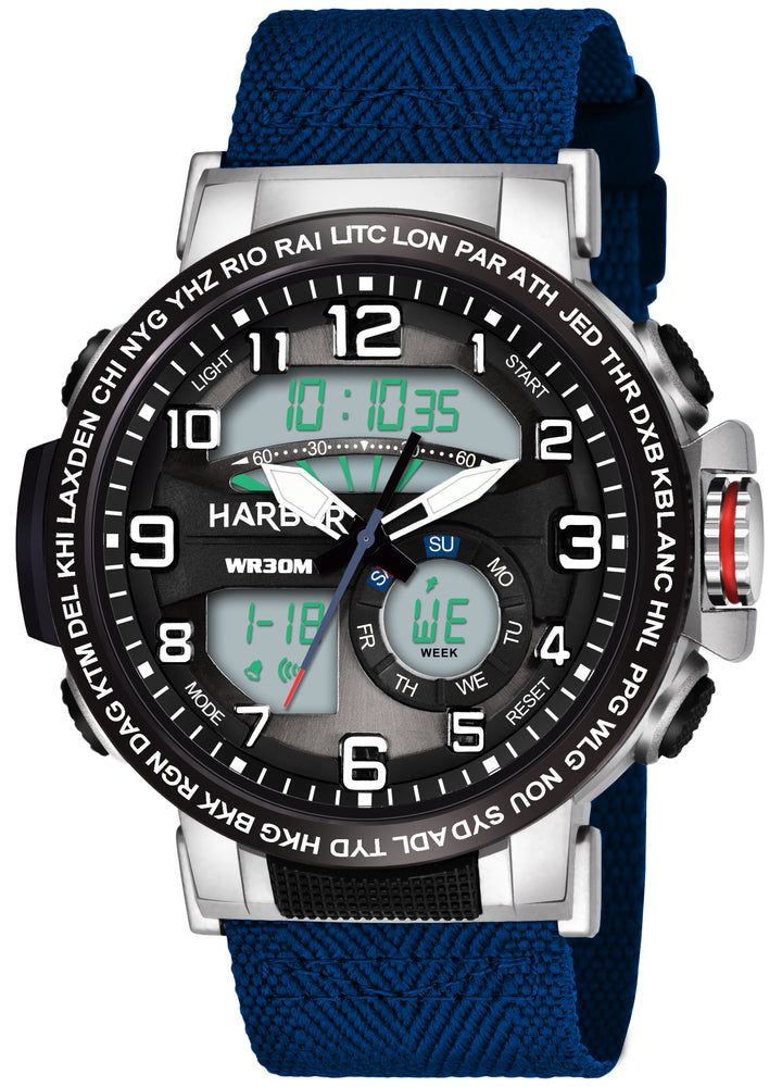Harbor 1001 Blue Strap Multi Function Waterproof Office Wear Analog Digital Watch for Men