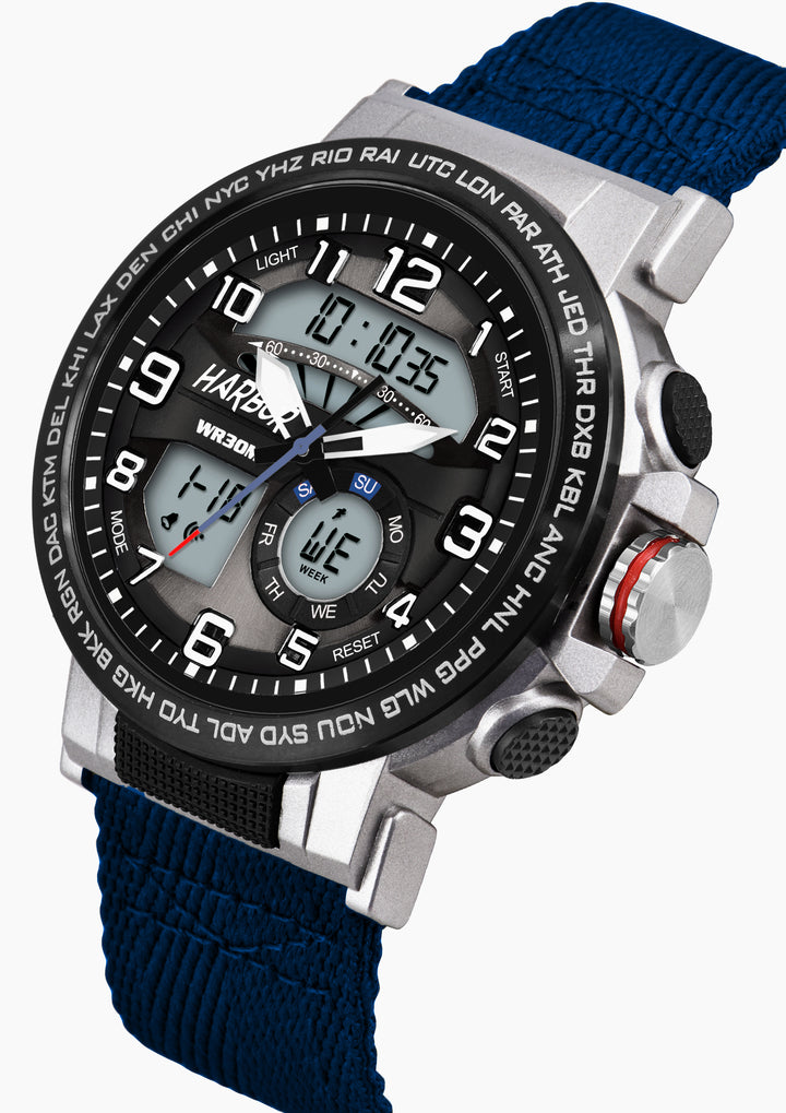 Harbor 1001 Blue Strap Multi Function Waterproof Office Wear Analog Digital Watch for Men
