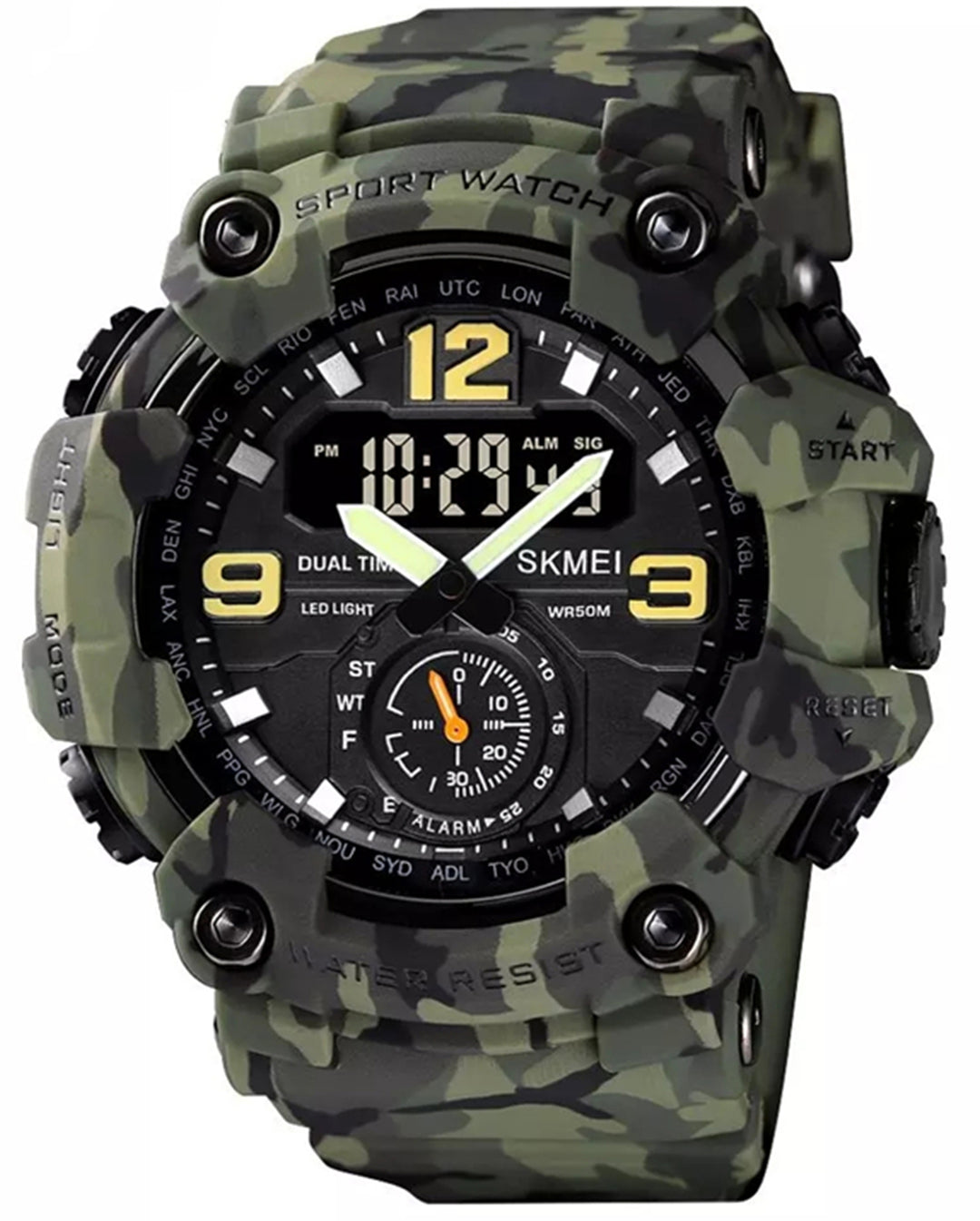 SKMEI 1637 Green Army Camouflaged Multi-Function Analog-Digital Waterproof Sports Watch for Men
