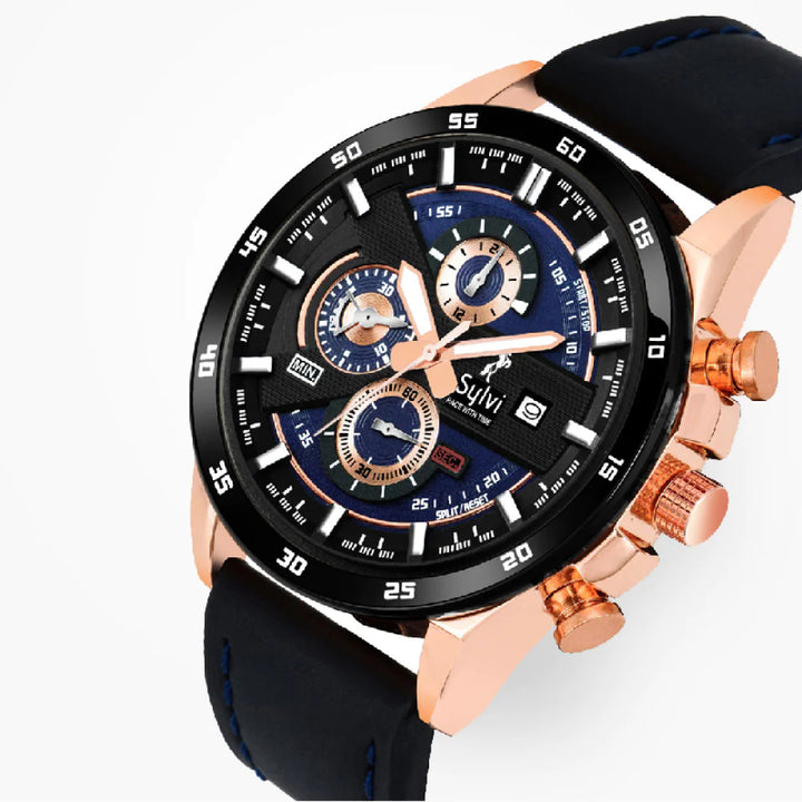 Sylvi Black Leather Strap Men's Chronograph Watch with Blue Dial & Rose Gold Case