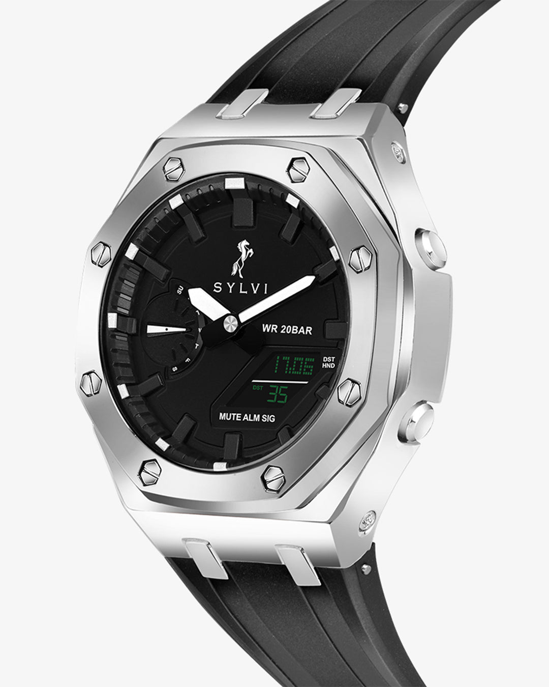 Sylvi Rig One O One WT Max Black Dial Silver Metal Case Analog Digital Casual Wrist Watch For Men