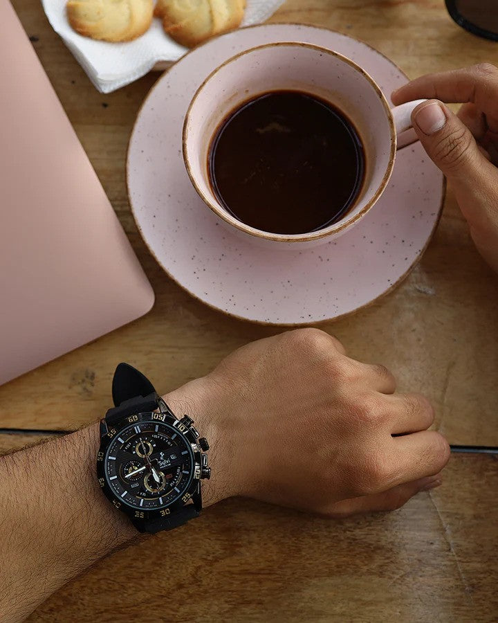 Sylvi Timegrapher Golden Black PU Strap Cronograph Wrist Watch For Men