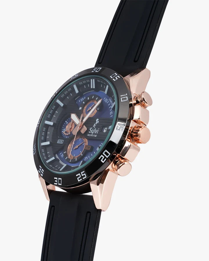 Sylvi Timegrapher Blue Dial Black PU Strap Cronograph Wrist Watch For Men