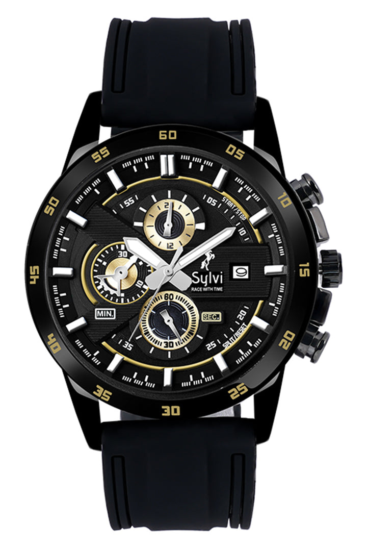 Sylvi Timegrapher Golden Black PU Strap Cronograph Wrist Watch For Men