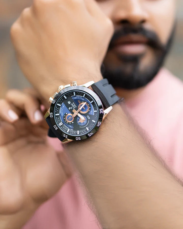Sylvi Timegrapher Blue Dial Black PU Strap Cronograph Wrist Watch For Men
