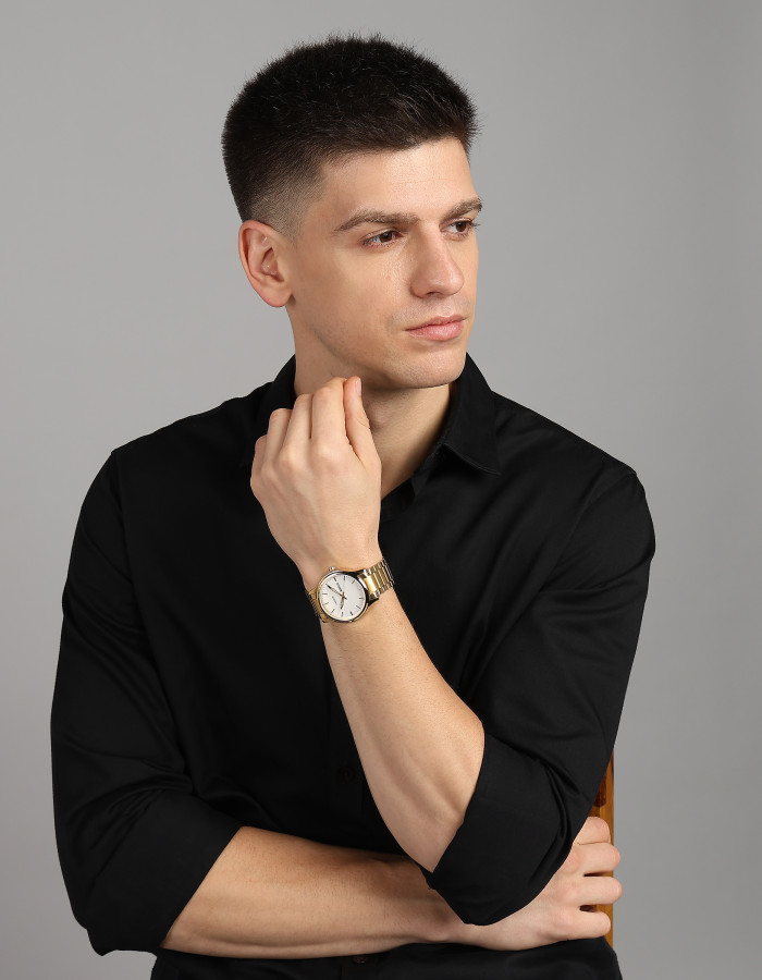 Gold Stainless Steel Strap White Dial Long Lasting IGP Plated Day and Date Wrist Watch for Men