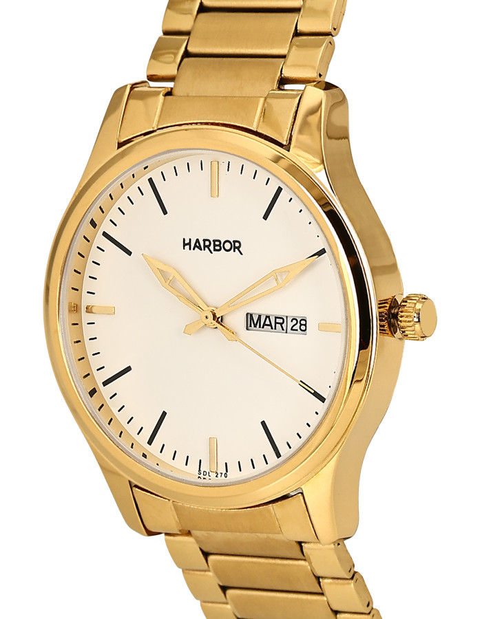 Gold Stainless Steel Strap White Dial Long Lasting IGP Plated Day and Date Wrist Watch for Men Gold Stainless Steel Strap White Dial Long Lasting IGP Plated Day and Date Wrist Watch for Men