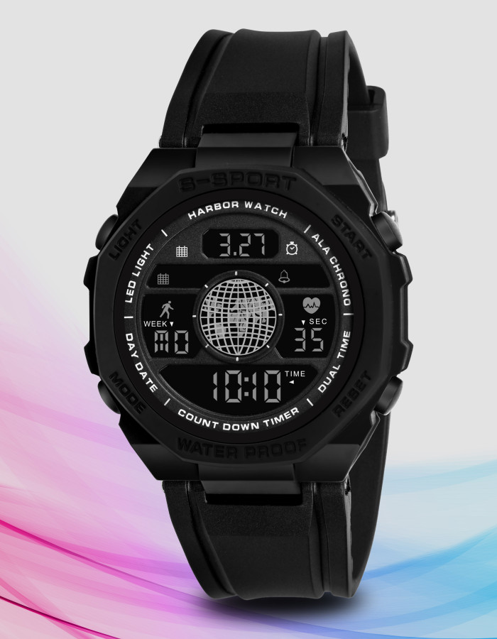 HARBOR 9134 Black PU Strap Digital Sports Watch For Men & Boys